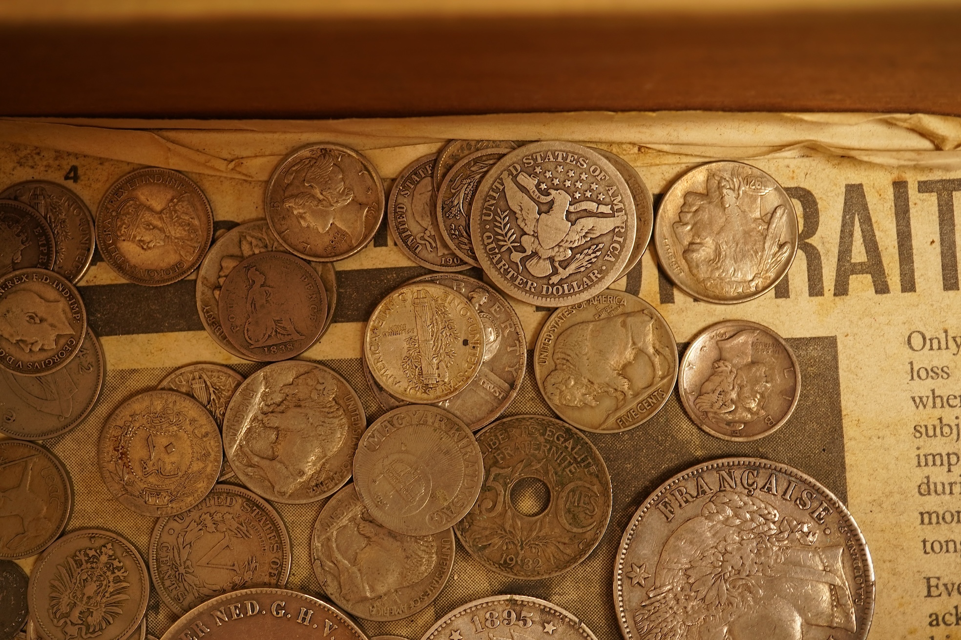 Assortment of silver coins to include a 5 Franc, 1851 and Queen Victoria four pence